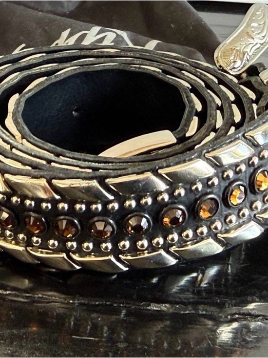 Vtg Kippy’s Size 36 Black Leather Western Belt Amber Swarovski Crystal Studded main image 6